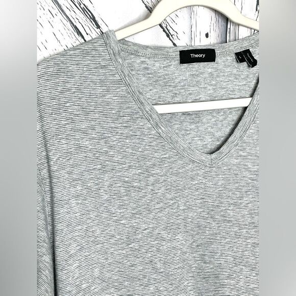 Theory Striped V-Neck T-Shirt Gray L - Picture 2 of 7